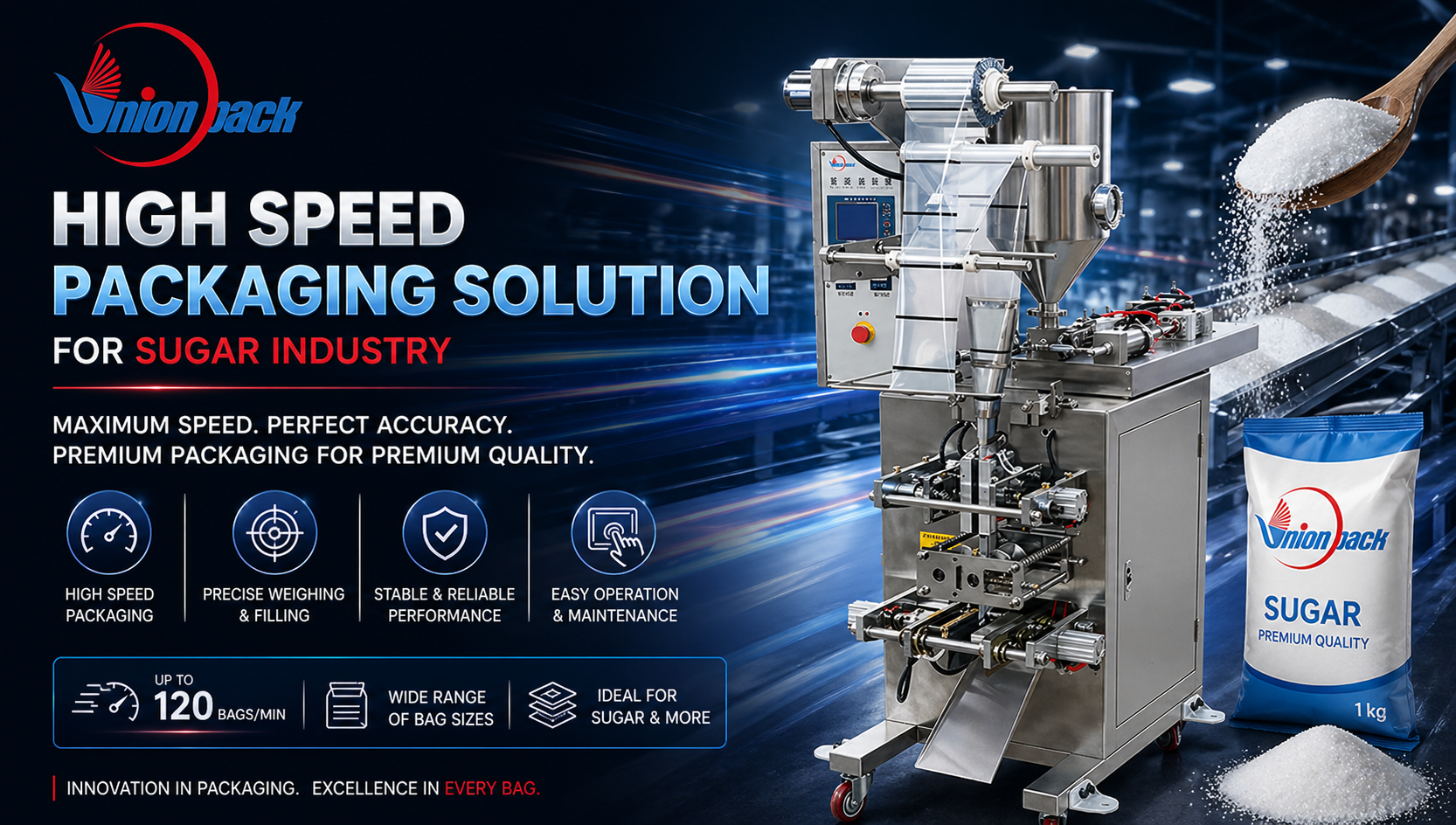 Automatic Pouch Packaging Machinery Union Packaging Machinery & Material FZCO – Giải pháp đóng gói tốc độ cao cho nhà máy đường